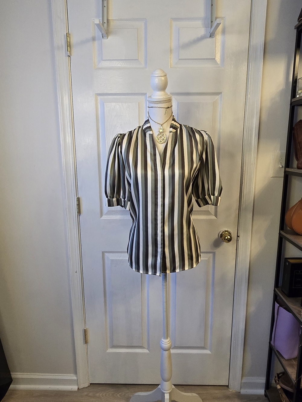 Philosopy PXL Striped Puff-Sleeve V-Neck Blouse - Brown Green White